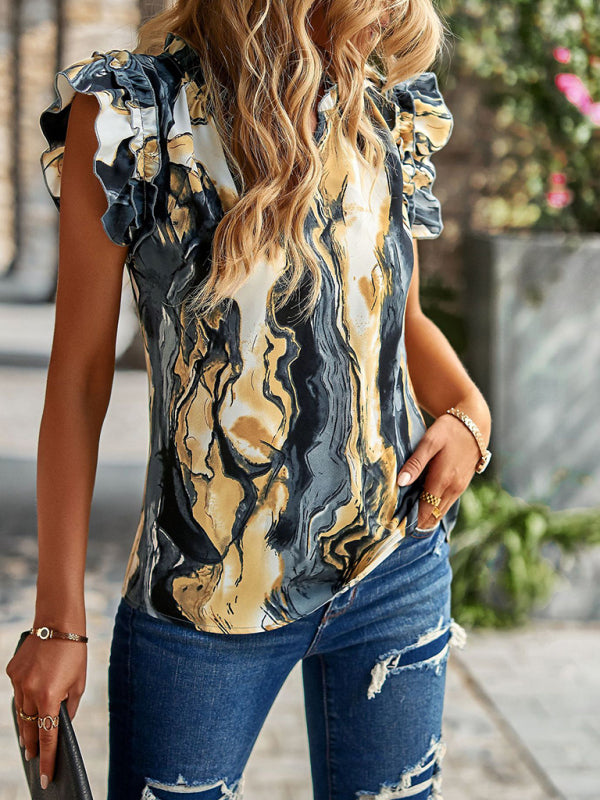 Ava's V-Neck Ruffled Sleeve Floral Print Top kakaclo