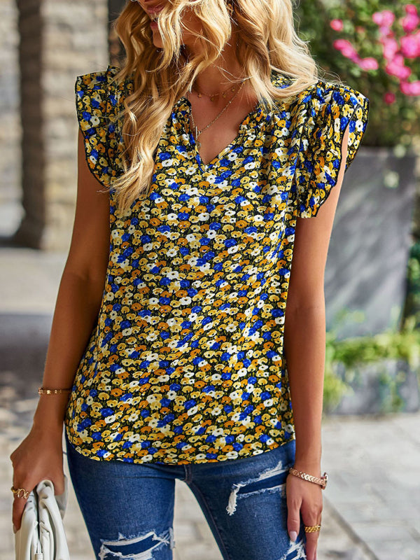 Ava's V-Neck Ruffled Sleeve Floral Print Top kakaclo