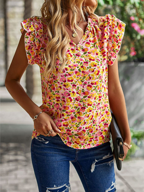 Ava's V-Neck Ruffled Sleeve Floral Print Top kakaclo