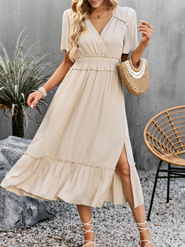 Blue Zone Planet | V-neck dress elegant waist slit long skirt BLUE ZONE PLANET