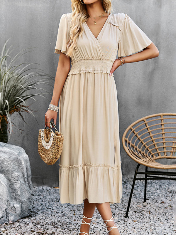 Blue Zone Planet | V-neck dress elegant waist slit long skirt BLUE ZONE PLANET