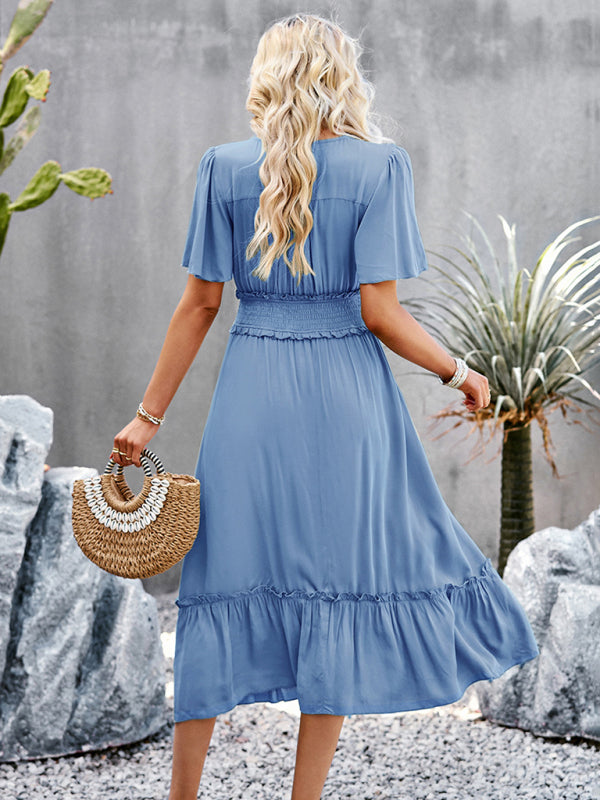 Blue Zone Planet | V-neck dress elegant waist slit long skirt BLUE ZONE PLANET