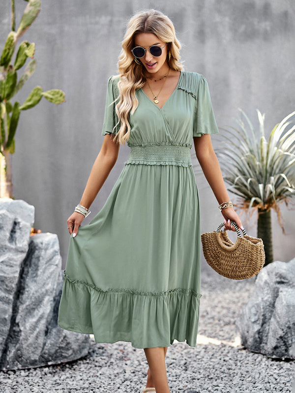 Blue Zone Planet | V-neck dress elegant waist slit long skirt BLUE ZONE PLANET