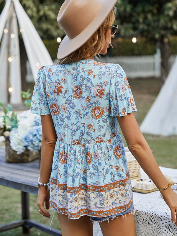 Blue Zone Planet | Bohemian Print Resort Style Short Sleeve Ladies Top BLUE ZONE PLANET