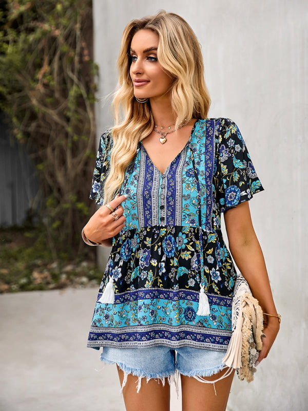 Blue Zone Planet | Bohemian Print Resort Style Short Sleeve Ladies Top BLUE ZONE PLANET
