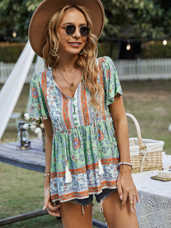 Blue Zone Planet | Bohemian Print Resort Style Short Sleeve Ladies Top BLUE ZONE PLANET