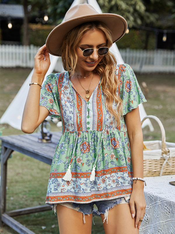 Blue Zone Planet | Bohemian Print Resort Style Short Sleeve Ladies Top BLUE ZONE PLANET