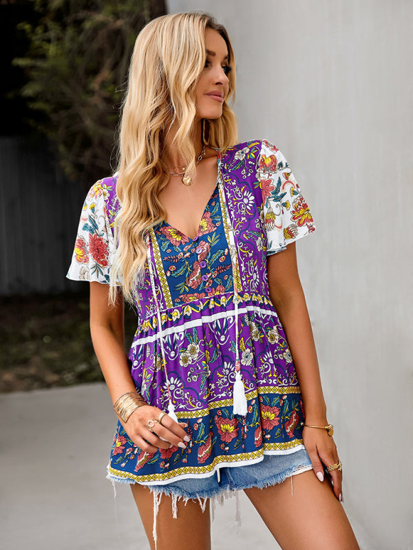 Blue Zone Planet | Bohemian Print Resort Style Short Sleeve Ladies Top BLUE ZONE PLANET