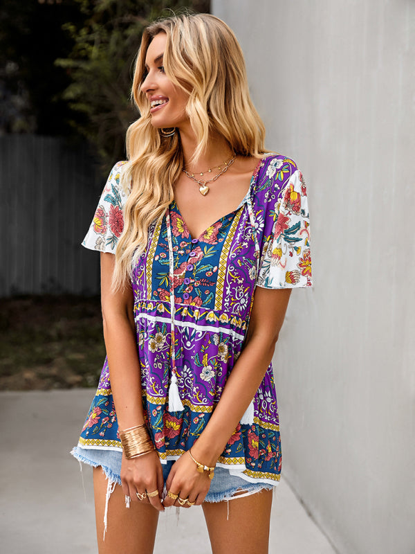 Blue Zone Planet | Bohemian Print Resort Style Short Sleeve Ladies Top BLUE ZONE PLANET
