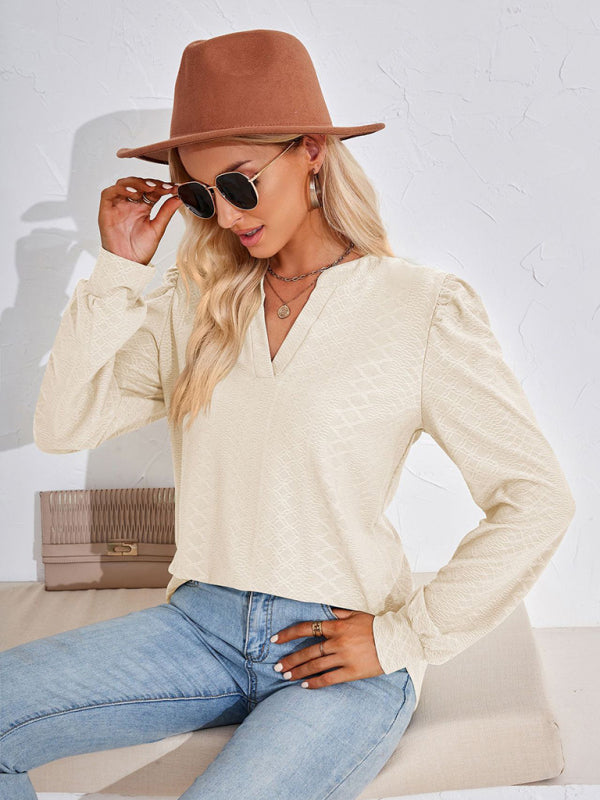 V Neck Jacquard Long Sleeve Loose T-Shirt Top Ladies BLUE ZONE PLANET