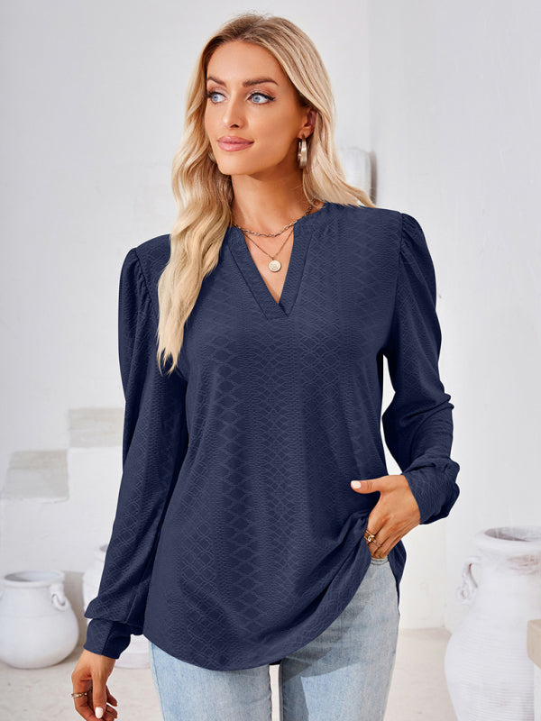 V Neck Jacquard Long Sleeve Loose T-Shirt Top Ladies BLUE ZONE PLANET