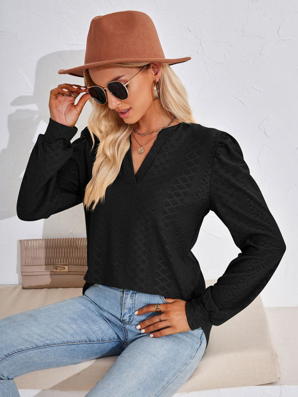 V Neck Jacquard Long Sleeve Loose T-Shirt Top Ladies BLUE ZONE PLANET