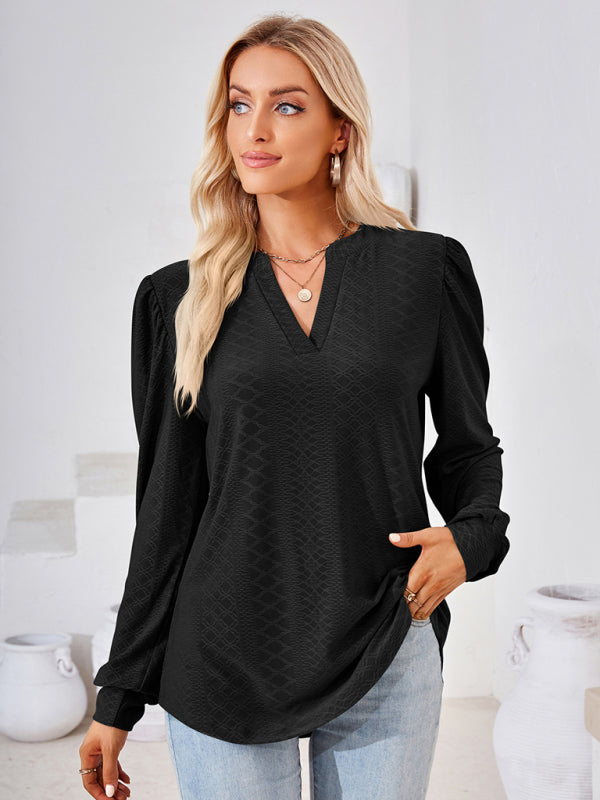 V Neck Jacquard Long Sleeve Loose T-Shirt Top Ladies BLUE ZONE PLANET
