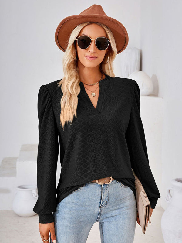 V Neck Jacquard Long Sleeve Loose T-Shirt Top Ladies BLUE ZONE PLANET
