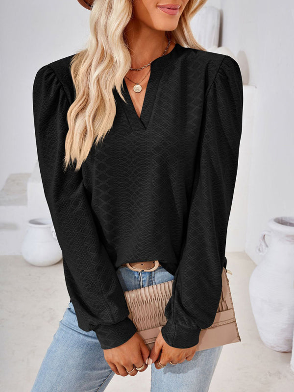 V Neck Jacquard Long Sleeve Loose T-Shirt Top Ladies BLUE ZONE PLANET
