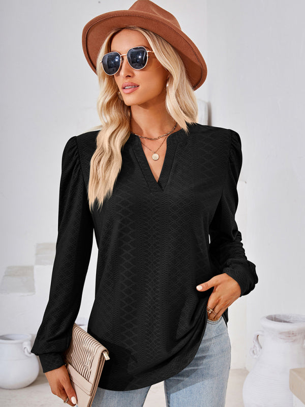 V Neck Jacquard Long Sleeve Loose T-Shirt Top Ladies BLUE ZONE PLANET