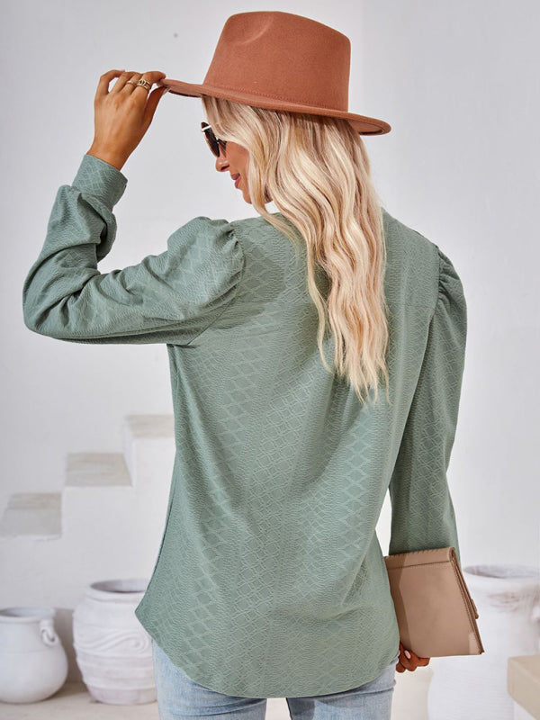 V Neck Jacquard Long Sleeve Loose T-Shirt Top Ladies BLUE ZONE PLANET