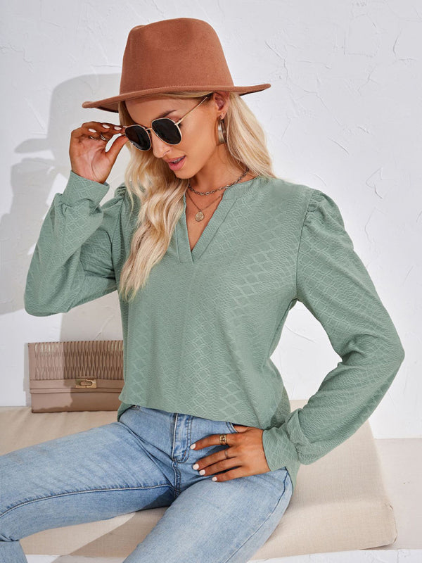V Neck Jacquard Long Sleeve Loose T-Shirt Top Ladies BLUE ZONE PLANET