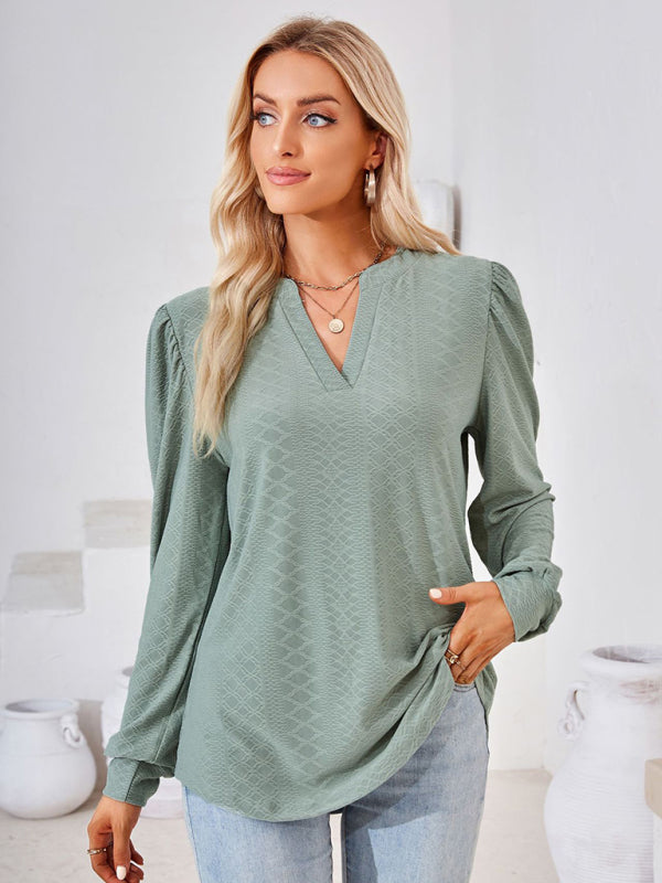 V Neck Jacquard Long Sleeve Loose T-Shirt Top Ladies BLUE ZONE PLANET
