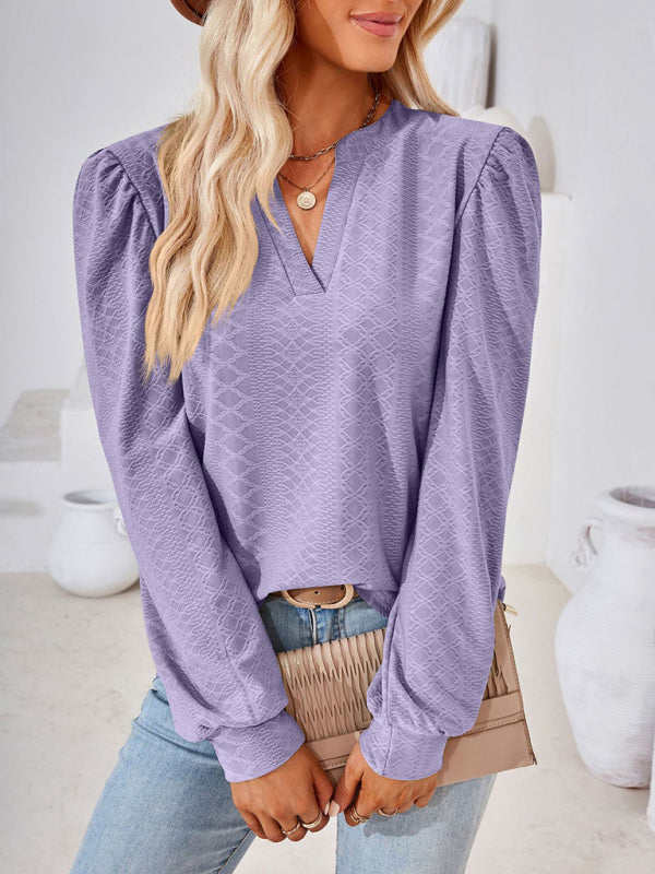V Neck Jacquard Long Sleeve Loose T-Shirt Top Ladies BLUE ZONE PLANET