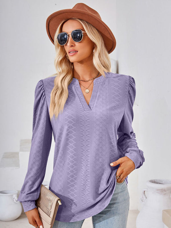 V Neck Jacquard Long Sleeve Loose T-Shirt Top Ladies BLUE ZONE PLANET