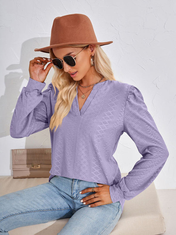 V Neck Jacquard Long Sleeve Loose T-Shirt Top Ladies BLUE ZONE PLANET