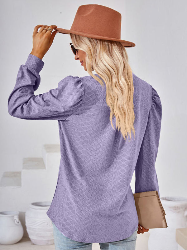 V Neck Jacquard Long Sleeve Loose T-Shirt Top Ladies BLUE ZONE PLANET