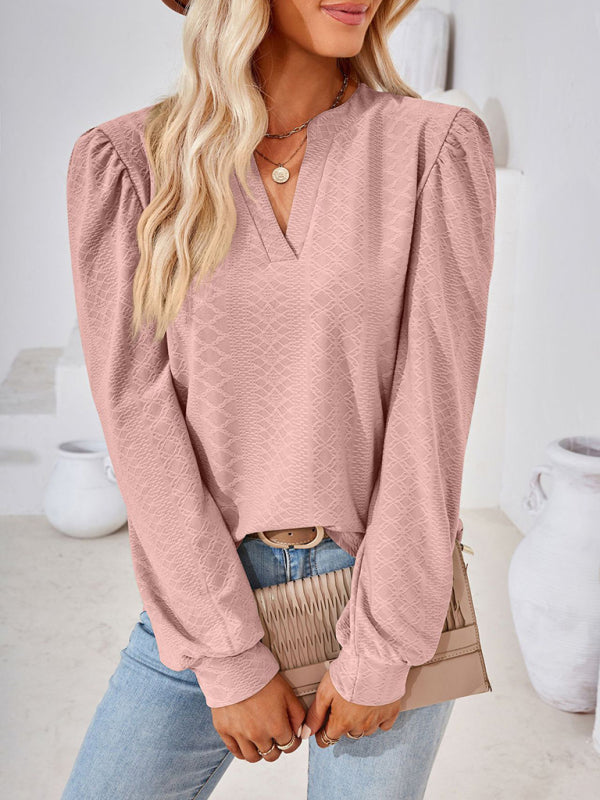 V Neck Jacquard Long Sleeve Loose T-Shirt Top Ladies BLUE ZONE PLANET