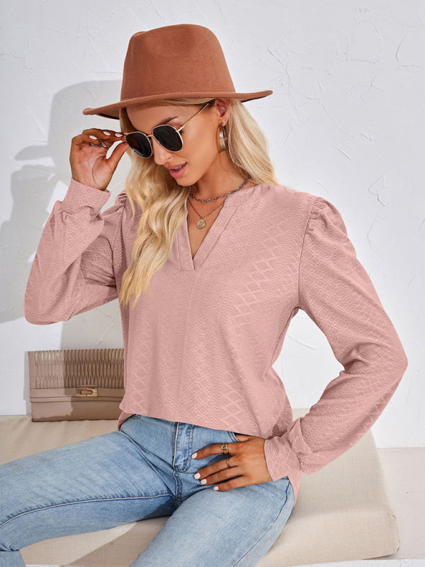 V Neck Jacquard Long Sleeve Loose T-Shirt Top Ladies BLUE ZONE PLANET