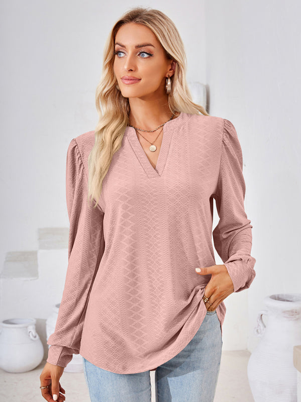 V Neck Jacquard Long Sleeve Loose T-Shirt Top Ladies BLUE ZONE PLANET