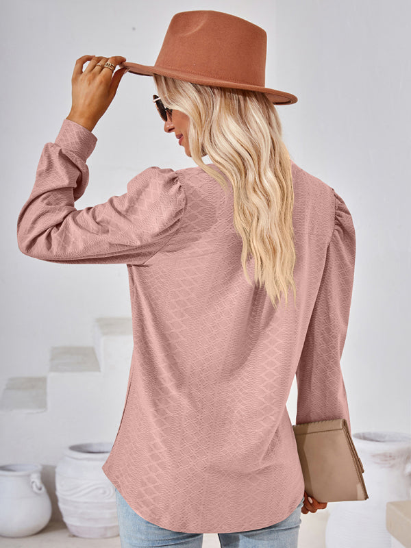 V Neck Jacquard Long Sleeve Loose T-Shirt Top Ladies BLUE ZONE PLANET