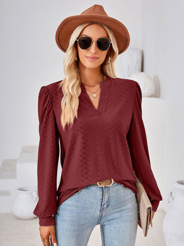 V Neck Jacquard Long Sleeve Loose T-Shirt Top Ladies BLUE ZONE PLANET