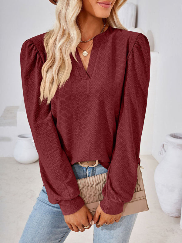 V Neck Jacquard Long Sleeve Loose T-Shirt Top Ladies BLUE ZONE PLANET