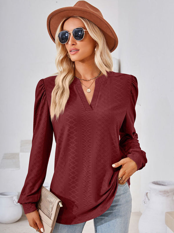 V Neck Jacquard Long Sleeve Loose T-Shirt Top Ladies BLUE ZONE PLANET