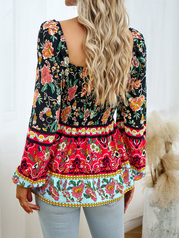 Floral Square Neck Long Sleeve Top BLUE ZONE PLANET