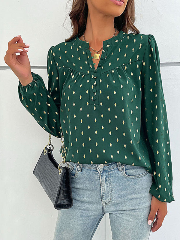 Fashion Long Sleeve V Open Collar Bronzing Shirt kakaclo