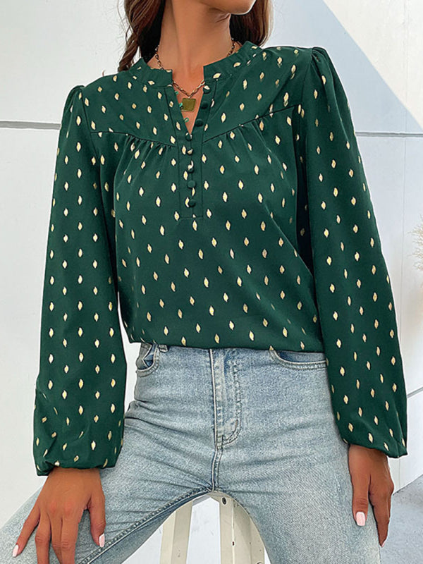 Fashion Long Sleeve V Open Collar Bronzing Shirt kakaclo