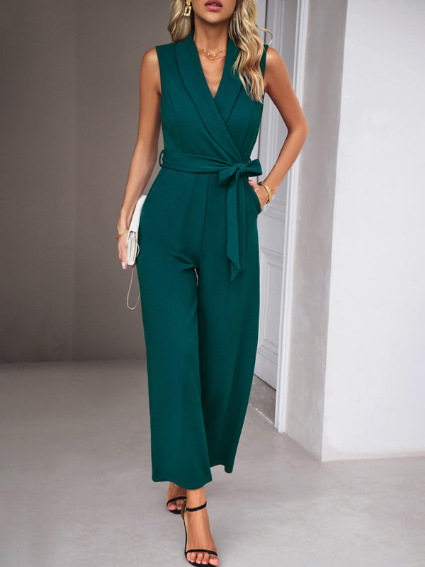 elegant V-neck tie commuter sleeveless jumpsuit kakaclo