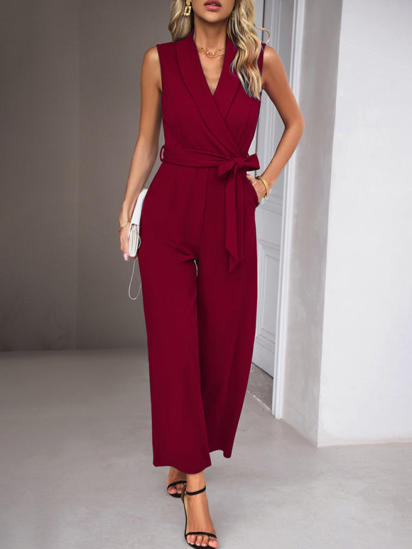 elegant V-neck tie commuter sleeveless jumpsuit kakaclo