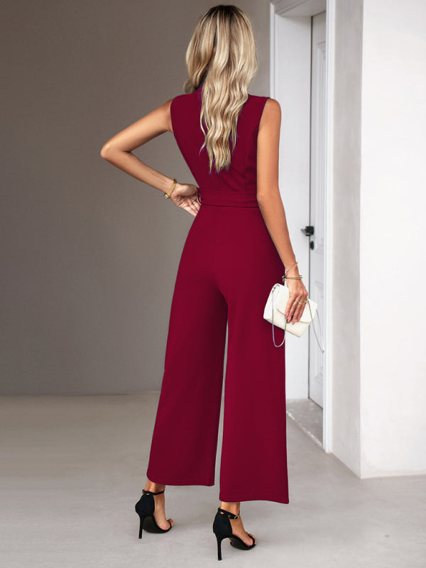 elegant V-neck tie commuter sleeveless jumpsuit kakaclo