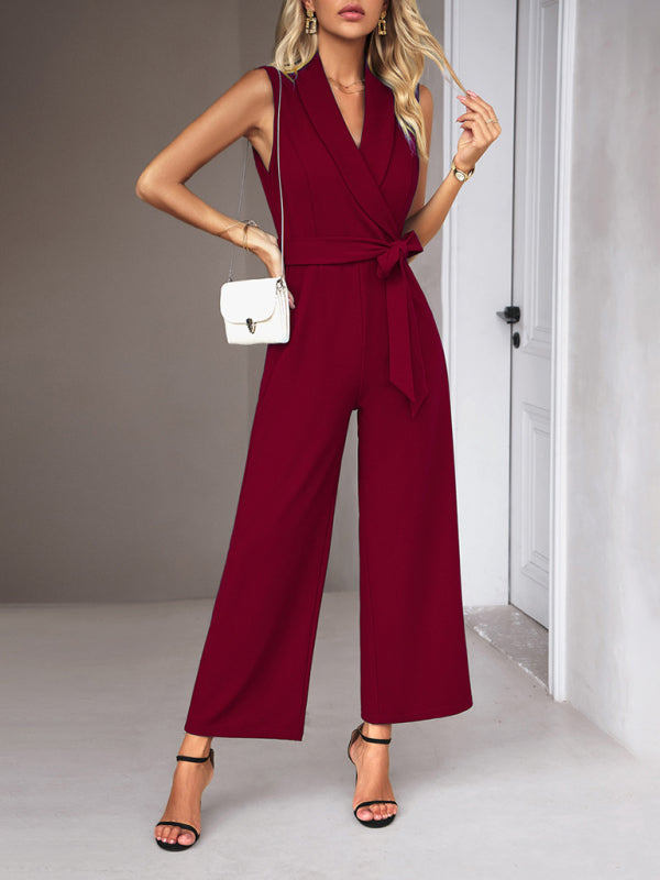 elegant V-neck tie commuter sleeveless jumpsuit kakaclo