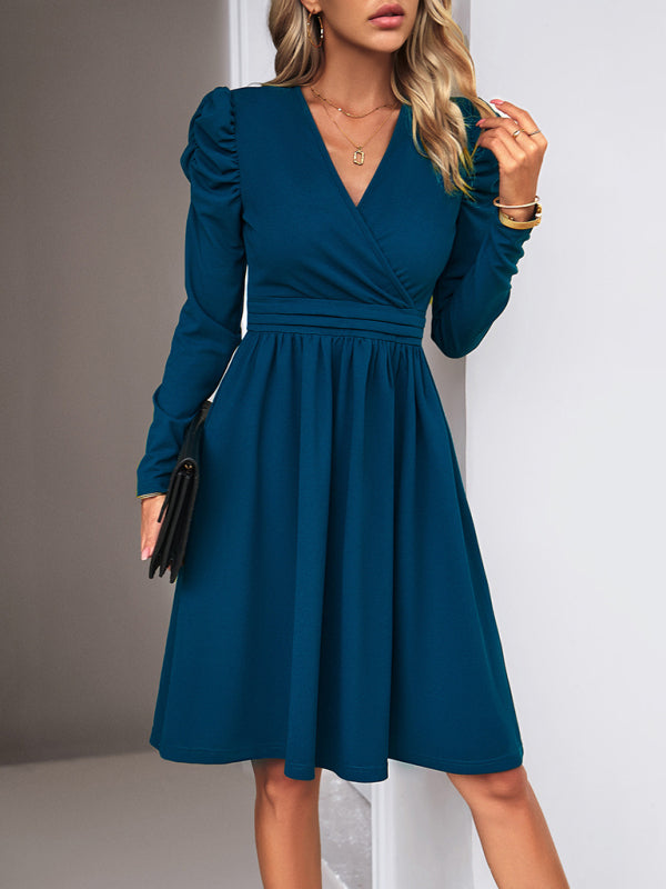 Ladies Fashion Elegant Solid Color V-neck Long Sleeve Dress BLUE ZONE PLANET