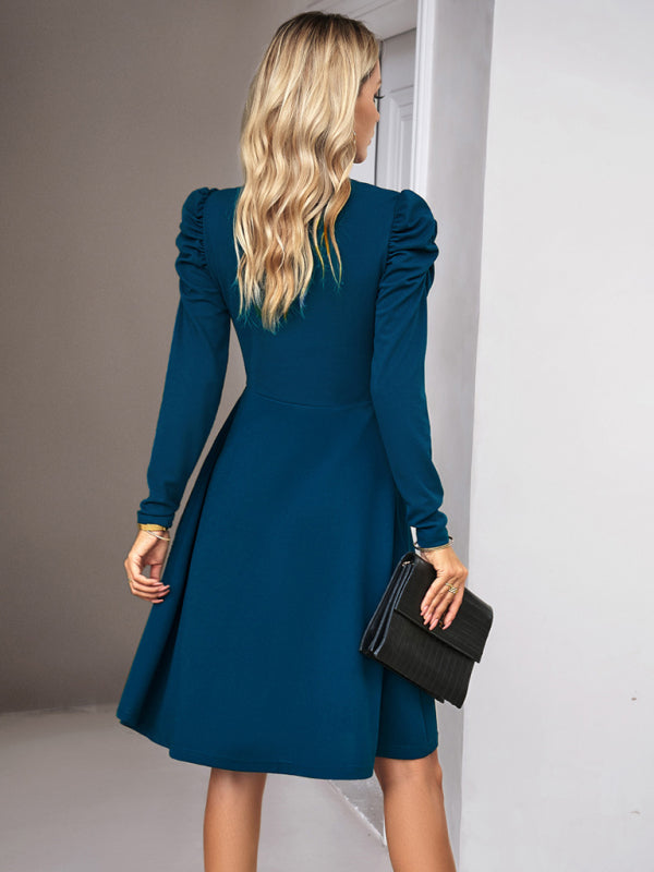 Ladies Fashion Elegant Solid Color V-neck Long Sleeve Dress BLUE ZONE PLANET