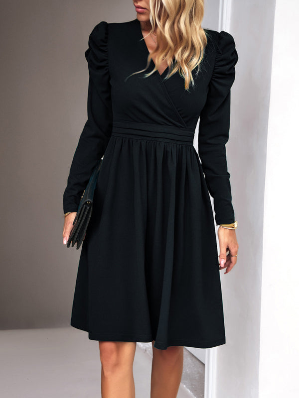 Ladies Fashion Elegant Solid Color V-neck Long Sleeve Dress BLUE ZONE PLANET