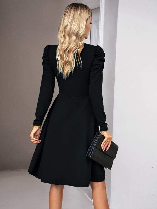 Ladies Fashion Elegant Solid Color V-neck Long Sleeve Dress BLUE ZONE PLANET