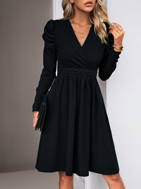 Ladies Fashion Elegant Solid Color V-neck Long Sleeve Dress BLUE ZONE PLANET