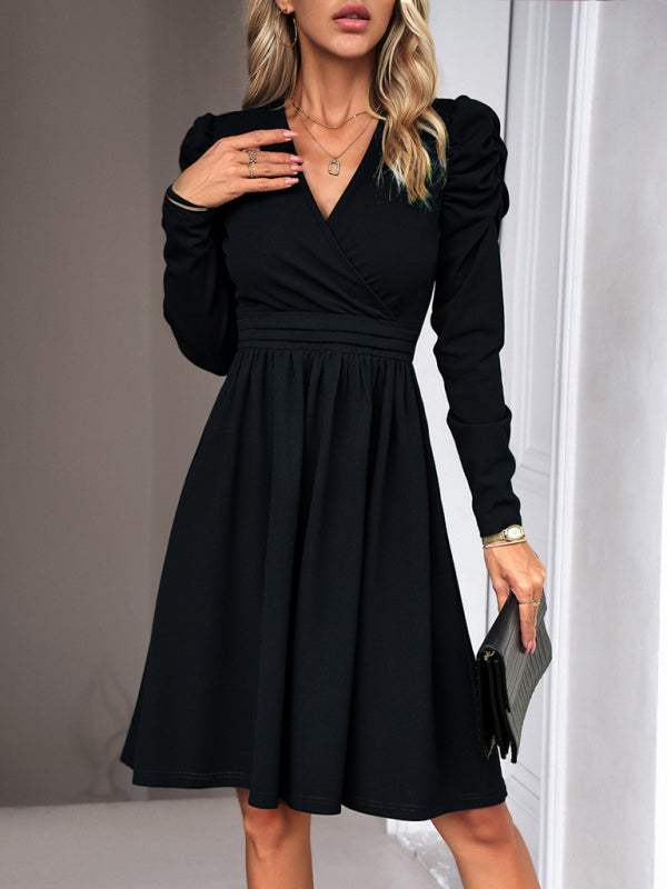 Ladies Fashion Elegant Solid Color V-neck Long Sleeve Dress BLUE ZONE PLANET