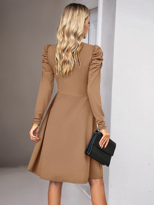 Ladies Fashion Elegant Solid Color V-neck Long Sleeve Dress BLUE ZONE PLANET