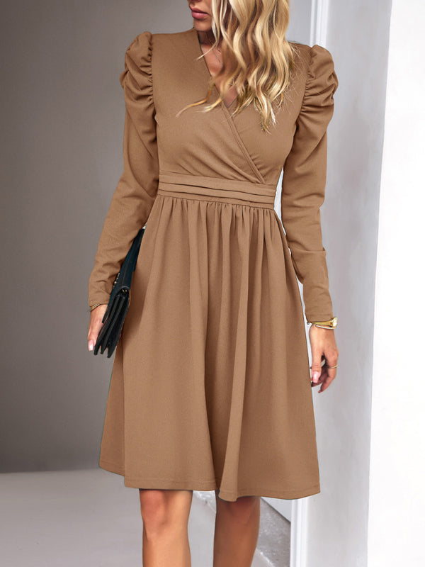 Ladies Fashion Elegant Solid Color V-neck Long Sleeve Dress BLUE ZONE PLANET