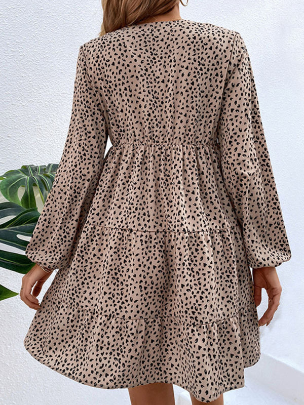 Pleated leopard-print puff-sleeved long-sleeved layered skirt dress kakaclo